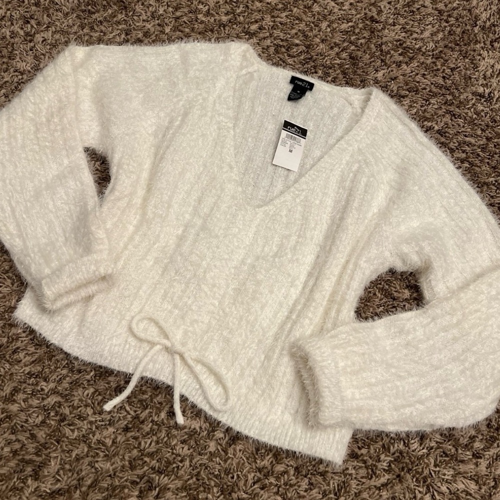 Ivory Fuzzy V Neck Sweater